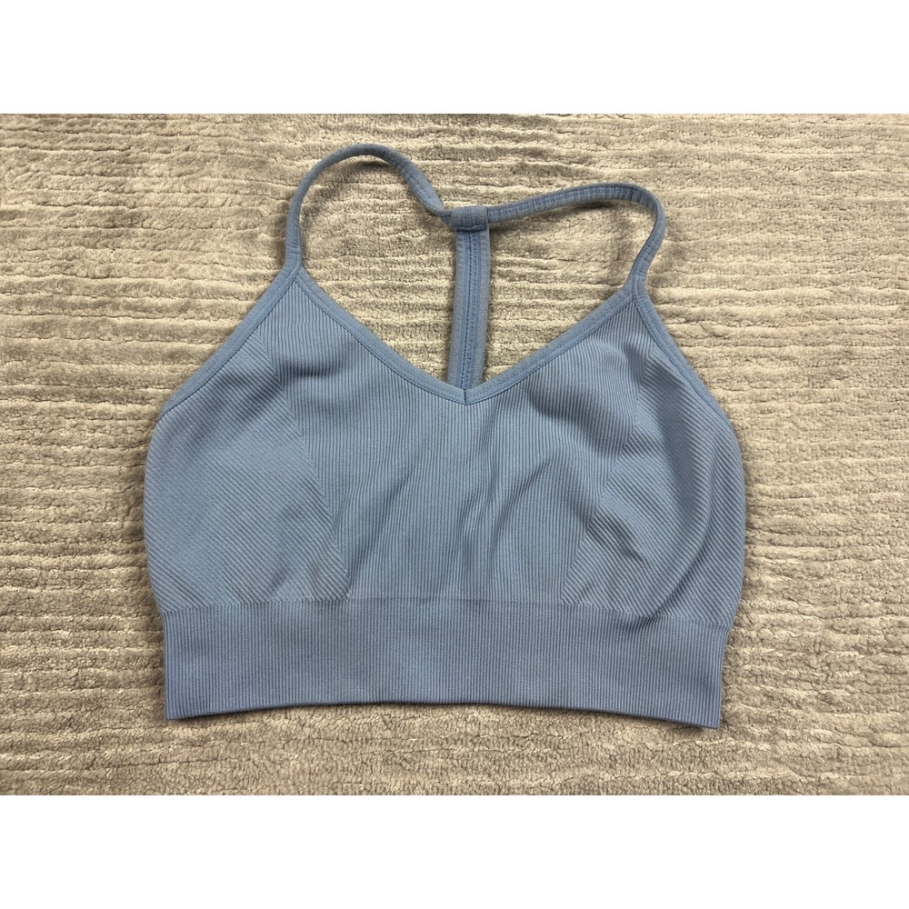 Yoga Sports Bra Women L Blue Ribbed Seamless V-Neck T-Back Activewear 30216